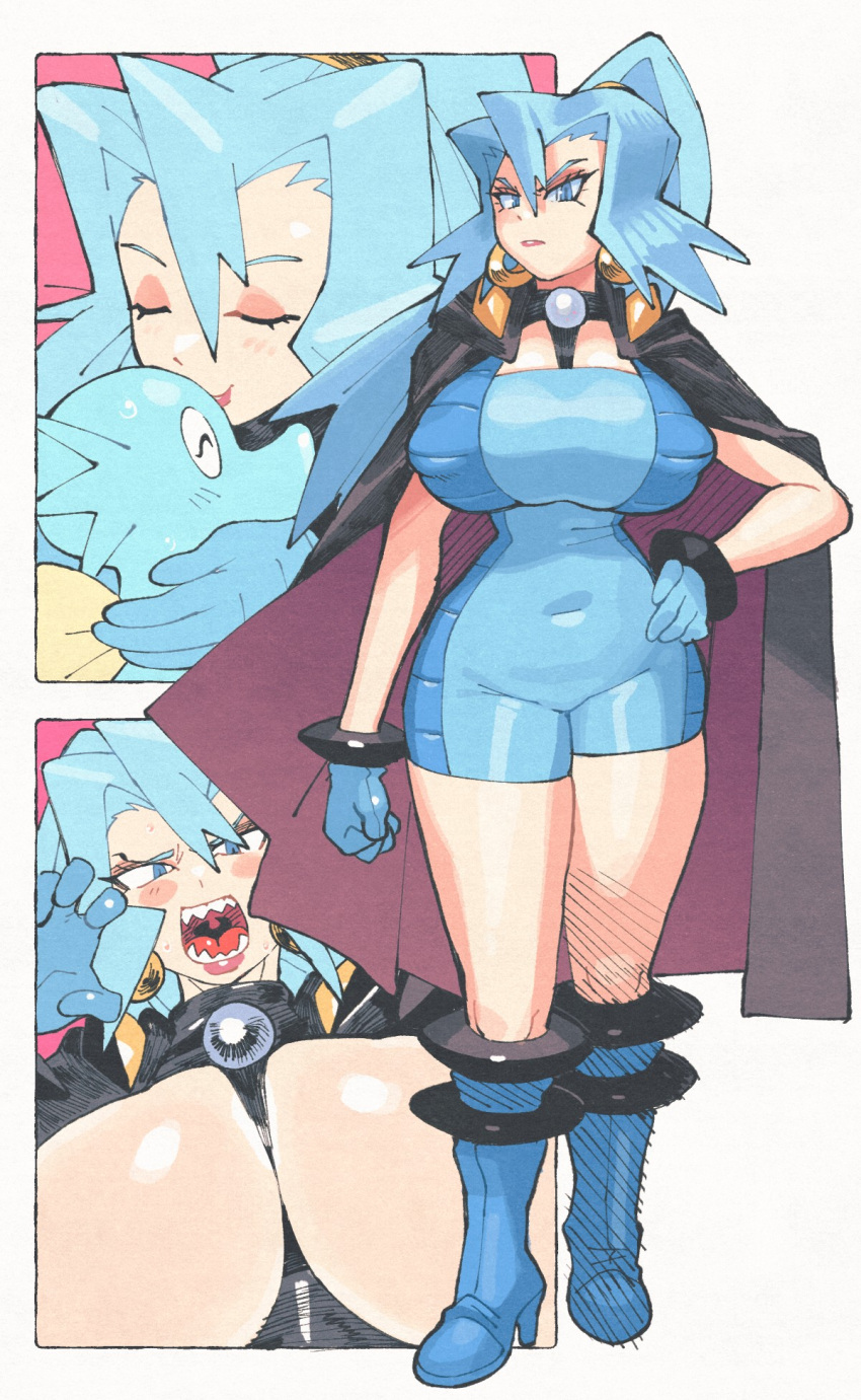 black_cape blue_bodysuit blue_eyes blue_hair bodysuit breasts cape clair_(pokemon) claw_pose closed_eyes covered_nipples earrings female full_body high_ponytail highres horsea inkerton-kun jewelry kissing large_breasts multiple_views pink_hair pokemon pokemon_(creature) pokemon_hgss seadra sharp_teeth solo_focus teeth