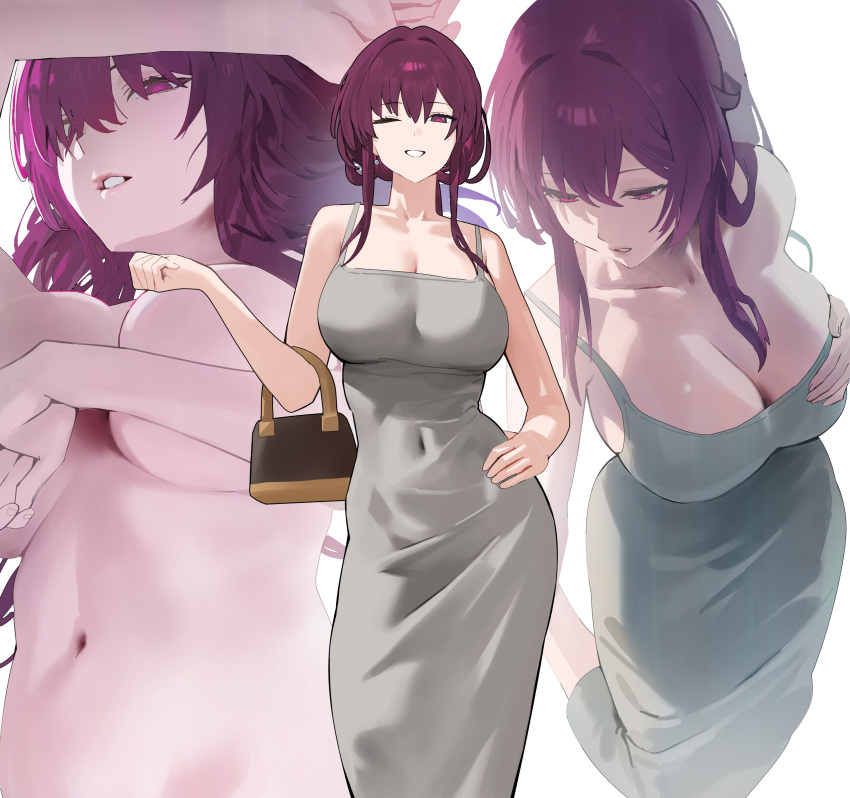 absurdres alternate_costume bag bare_shoulders breasts cleavage collarbone commentary completely_nude covered_navel covering_nipples covering_privates dongtan_dress dress female grey_dress hair_between_eyes hand_on_own_chest handbag highres honkai:_star_rail honkai_(series) hood_(james_x) kafka_(honkai:_star_rail) large_breasts looking_at_viewer meme_attire multiple_views navel nude one_eye_closed parted_lips purple_eyes purple_hair smile stomach tight_clothes tight_dress