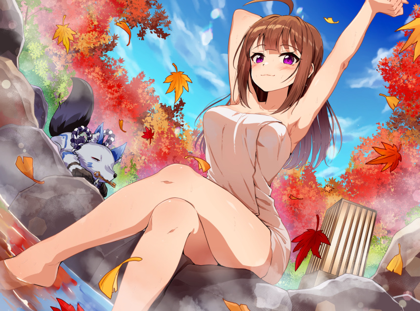 ahoge armpits arms_up blush breasts brown_hair commentary_request crossed_legs falling_leaves female fox ginkgo_leaf idolmaster idolmaster_million_live! kamille_(vcx68) key leaf light_smile long_hair looking_at_viewer maple_leaf medium_breasts mouth_hold naked_towel onsen outdoors redrawn rope shimenawa sitting solo steam towel yokoyama_nao