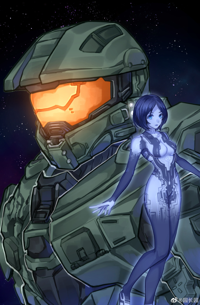 1boy absurdres armor assault_visor blue_eyes breasts chinese_commentary collarbone cortana female green_helmet halo_(series) halo_4 helmet highres hologram looking_ahead looking_at_viewer master_chief medium_breasts open_hand power_armor short_hair sky_kiki space spartan_(halo) star_(sky) weibo_username weibo_watermark