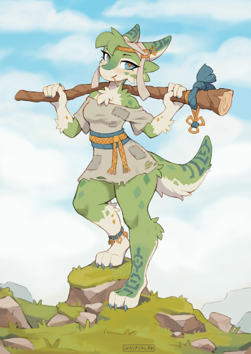 anklet anthro belt chest_tuft claws clothing female fur furred_kobold furred_scalie grass green_body headgear headwear hi_res holding_object jewelry kobold outside patch_(fabric) plant ragged_clothing scalie solo staff straw_(disambiguation) tattoo thick_thighs tuft waspsalad