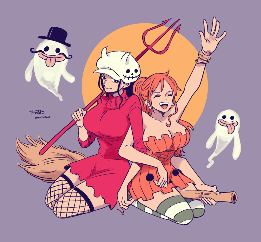 2girls ^_^ black_hair bracelet broom broom_riding circle closed_eyes commentary_request dated dress earrings fishnet_thighhighs fishnets ghost hat hatch_(8cco) holding_trident jewelry long_hair long_sleeves looking_at_viewer multiple_girls nami_(one_piece) nico_robin one_piece open_mouth orange_background orange_dress orange_hair pearl_earrings ponytail purple_background sidelocks smile striped_clothes striped_thighhighs sweater sweater_dress thighhighs tongue tongue_out