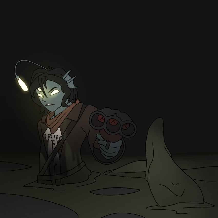 1:1 3_eyes angler anglerfish anglerfish_merfolk anthro black_clothing black_hair clothing coat darkness dirty fin fish glowing glowing_eyes gun hair hi_res light male marine messy mud mud_covered muddy multi_eye partially_submerged perrygoat pressure ranged_weapon red_scarf scarf sebastian_solace_(pressure) shotgun solo tail topwear wam weapon white_clothing