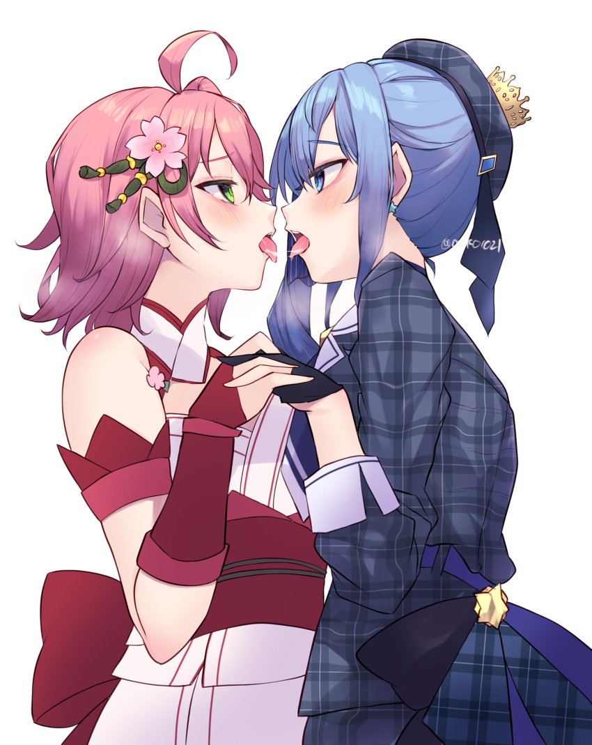 2girls after_kiss ahoge aoko_(myut7287) arm_cuffs ascot beret black_gloves blue_ascot blue_bow blue_eyes blue_hair blush bow commission crown earrings elbow_gloves eye_contact face-to-face fingerless_gloves flower from_side gloves green_eyes grey_hat grey_jacket grey_skirt hair_between_eyes hair_flower hair_ornament half-closed_eyes hand_up hat heavy_breathing highres holding_hands hololive hoshimachi_suisei hoshimachi_suisei_(1st_costume) interlocked_fingers jacket japanese_clothes jewelry kimono looking_at_another medium_hair multiple_girls nontraditional_miko obi official_alternate_costume open_mouth partially_fingerless_gloves pink_hair plaid_clothes plaid_hat plaid_jacket plaid_skirt red_gloves sakura_miko sakura_miko_(old_design) saliva saliva_trail sash short_hair side_ponytail sidelocks simple_background skeb_commission skirt sleeve_cuffs sleeveless sleeveless_kimono sleeves_past_elbows star_(symbol) star_earrings tongue tongue_out twitter_username virtual_youtuber waist_bow white_background yuri