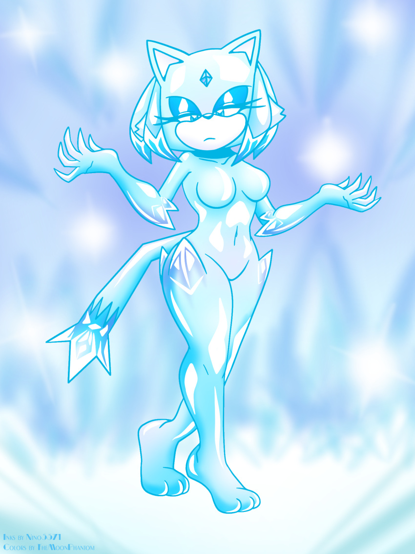 2024 3:4 anthro artist_collaboration biped blaze_the_cat blue_and_white breasts claws colored domestic_cat elemental_manipulation featureless_breasts featureless_crotch felid feline felis female forehead_gem gem half-closed_eyes hi_res ice ice_manipulation looking_at_viewer mammal medium_breasts monochrome mouth_closed narrowed_eyes navel ninotrash nude redesign sega shadowwalk simple_background solo sonic_the_hedgehog_(series) standing super_form