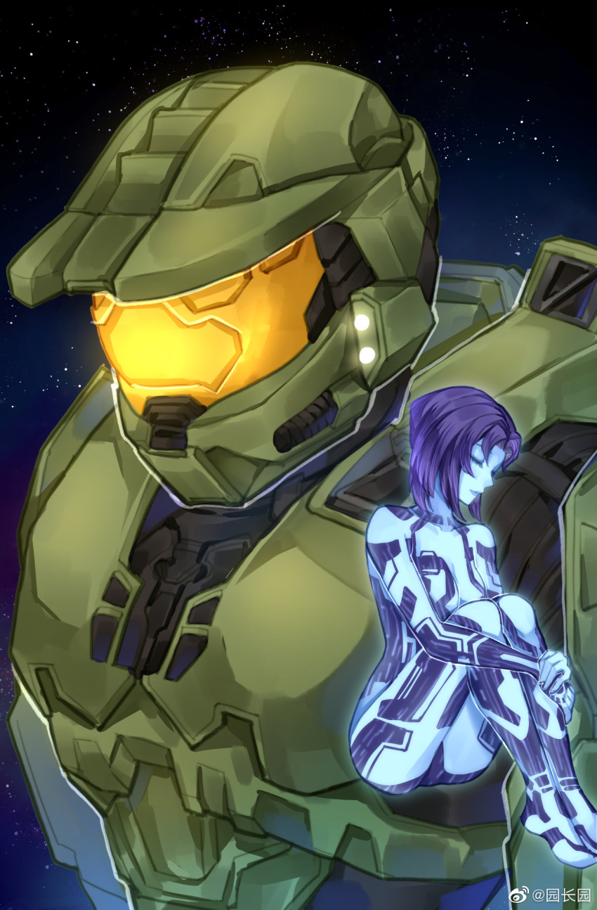 1boy armor assault_visor blue_skin chinese_commentary closed_eyes colored_skin cortana female green_helmet halo_(series) halo_3 helmet highres hologram hugging_own_legs looking_down master_chief power_armor short_hair sitting sky_kiki space spartan_(halo) star_(sky) weibo_username weibo_watermark