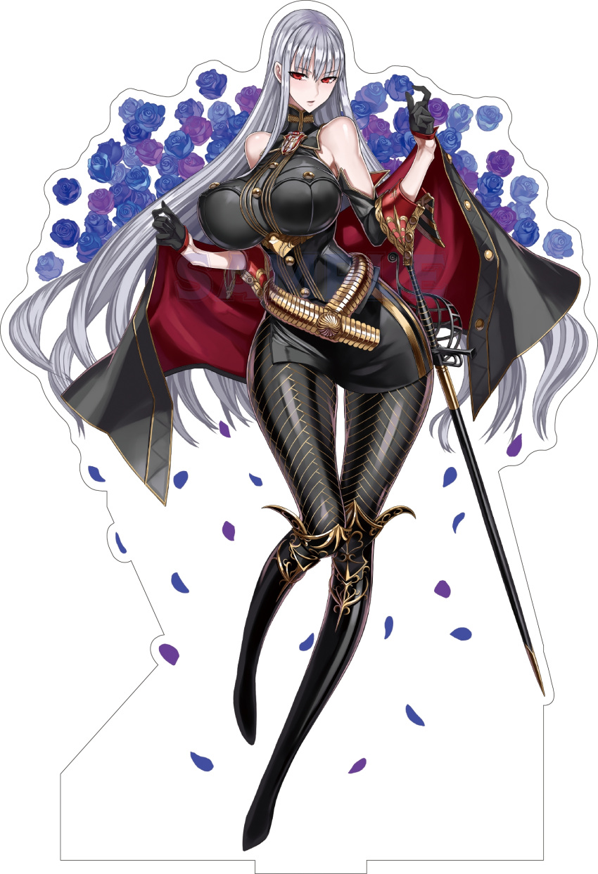 bare_shoulders black_dress black_jacket blue_flower boots breasts curvy detached_sleeves dress falling_petals female flower fold-over_gloves full_body gloves gold_belt grey_hair half_gloves high_heel_boots high_heels highres honjou_raita huge_breasts jacket long_hair looking_at_viewer medallion military_uniform off_shoulder official_art pale_skin petals purple_flower rapier red_eyes selvaria_bles senjou_no_valkyria_(series) senjou_no_valkyria_1 short_dress sleeveless sleeveless_dress sleeves_rolled_up solo sword underbust weapon white_background wide_hips