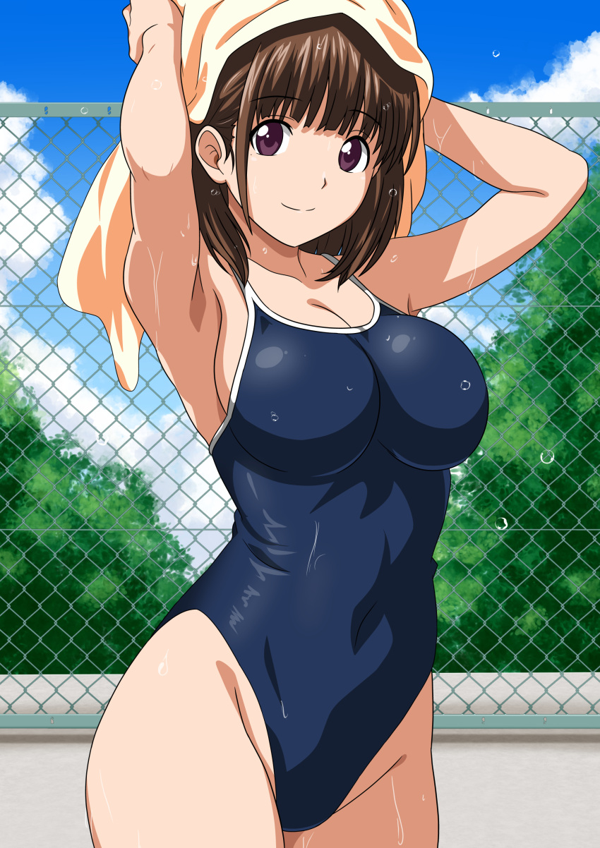 absurdres anegasaki_nene anime_coloring blue_one-piece_swimsuit blue_sky breasts brown_eyes brown_hair chain-link_fence cloud commentary_request competition_school_swimsuit covered_navel cowboy_shot day female fence highleg highleg_one-piece_swimsuit highres large_breasts love_plus one-piece_swimsuit outdoors school_swimsuit short_hair sky smile solo swimsuit towel towel_on_head wet wet_clothes wet_swimsuit yuuyuu_(3jjbn)