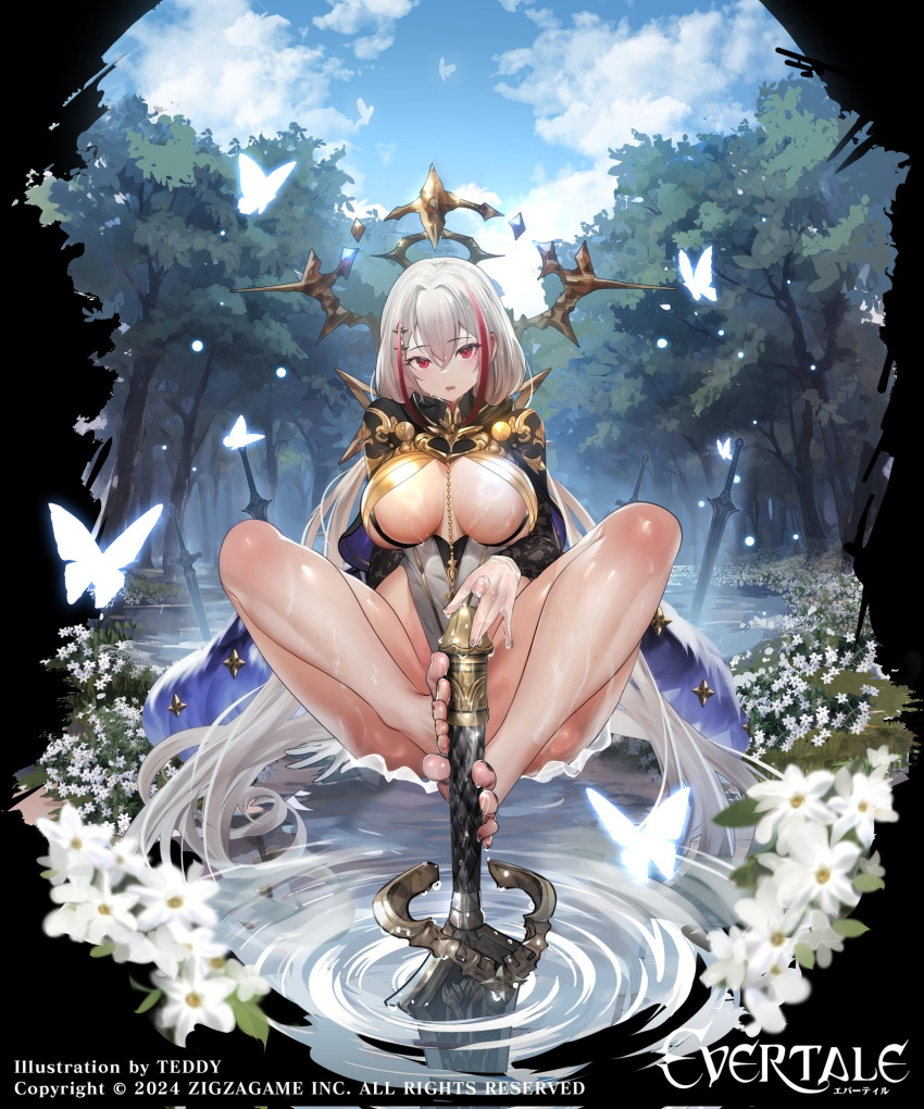 artist_name breasts bug butterfly cloud commentary_request company_name copyright_name day evertale excalibur_(evertale) female forest full_body highres logo long_hair medium_breasts multicolored_hair nature official_art outdoors red_hair shiny_skin sitting sky solo teddy_(khanshin) water white_hair