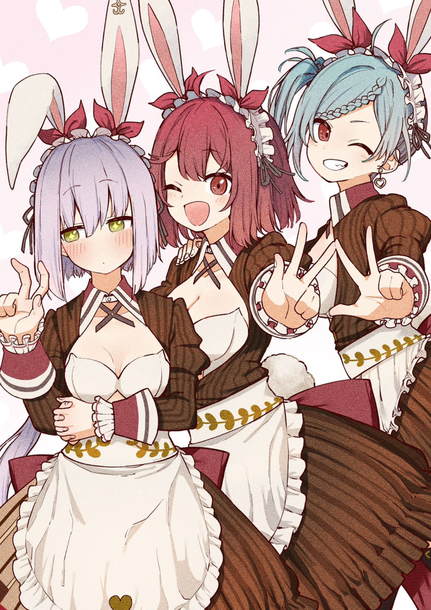 3girls ;d animal_ear_hairband animal_ears atelier_(series) atelier_sophie blue_hair breasts brown_eyes cleavage fake_animal_ears green_eyes hairband highres multiple_girls one_eye_closed plachta rabbit_ear_hairband rabbit_ears red_hair smile sophie_neuenmuller tess_heitzmann v waitress white_hair yurai0739