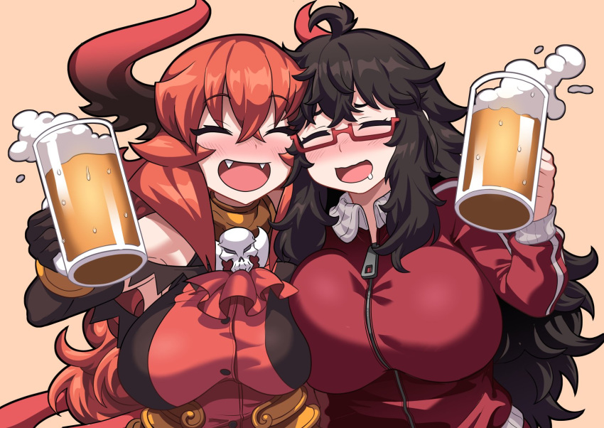 2girls ahoge alcohol beer beer_mug black_gloves black_hair blush bracelet breasts brooch buttons closed_eyes crossed_bangs cup demon_girl demon_horns drooling drunk elbow_gloves fangs glasses gloves gold_bracelet heads_together highres holding holding_cup horns jacket jewelry large_breasts long_hair maou_beluzel matsuda_yuusuke mug multiple_girls pink_background red-framed_eyewear red_hair red_jacket semi-rimless_eyewear simple_background skull_brooch yonezawa_natsumi yuusha_to_maou zipper zipper_pull_tab