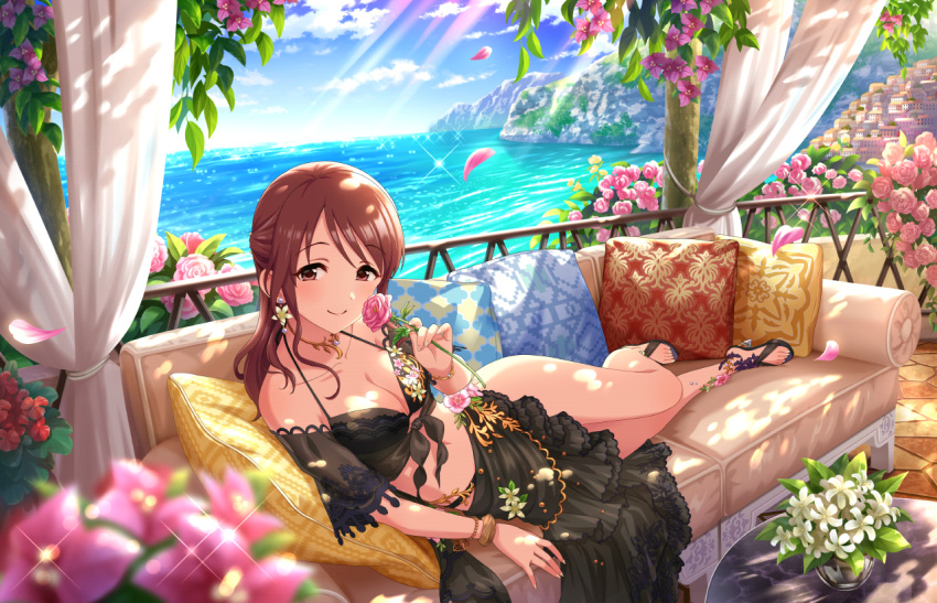 artist_request bikini black_bikini black_sarong blush breasts brown_eyes brown_hair cleavage closed_mouth collarbone couch day female flower from_side full_body holding holding_flower idolmaster idolmaster_cinderella_girls idolmaster_cinderella_girls_starlight_stage long_hair looking_at_viewer lying medium_breasts mifune_miyu ocean on_couch on_side outdoors petals pillow pink_flower pink_rose rose sarong smile solo swimsuit third-party_source