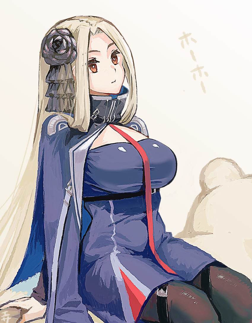 azur_lane black_flower black_pantyhose blonde_hair blue_coat blue_dress bunker_hill_(azur_lane) closed_mouth coat dress episenpei female flower hair_flower hair_ornament highres long_hair long_sleeves open_clothes open_coat orange_eyes pantyhose parted_bangs sitting solo taut_clothes taut_dress very_long_hair