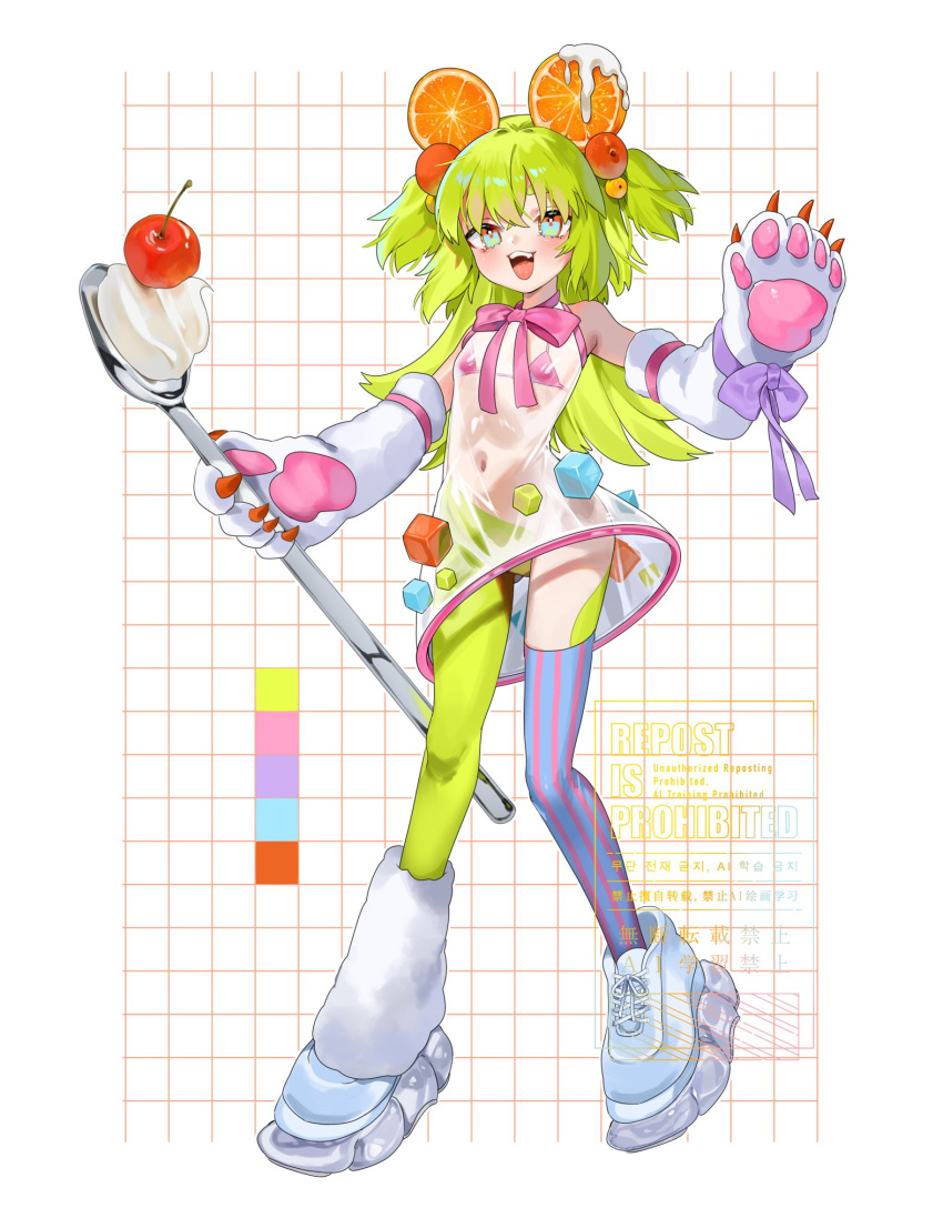 animal_hands anno_aano aqua_eyes asymmetrical_legwear blue_footwear bow bra breasts cat_paws cherry choppy_bangs detached_sleeves dress female food fruit full_body green_hair green_thighhighs grid_background highres holding holding_spoon long_hair looking_at_viewer mandarin_orange navel oerba_yun_fang open_mouth orange_(fruit) original pink_bow pink_bra purple_bow revealing_clothes see-through_clothes see-through_dress shoes short_tail sidelocks small_breasts sneakers spoon standing striped_clothes striped_thighhighs tail thighhighs twintails underwear