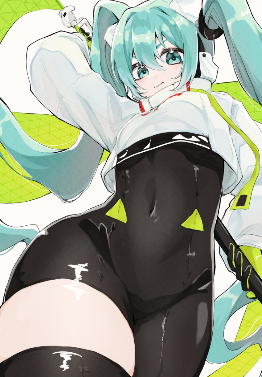 aqua_eyes aqua_hair asymmetrical_legwear black_bodysuit black_thighhighs bodysuit closed_mouth commentary_request covered_groin covered_navel cowboy_shot cropped_jacket female hatsune_miku highres holding holding_behind_back long_hair looking_at_viewer mismatched_legwear racing_miku racing_miku_(2022) single_thighhigh solo thighhighs twintails two-sided_gloves uparupa_04 very_long_hair vocaloid