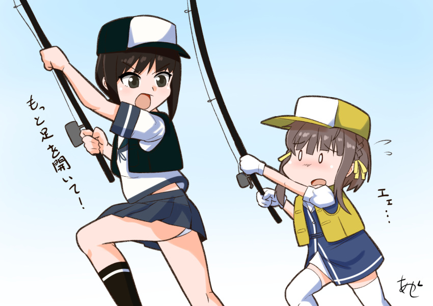 2girls akashieru black_hat black_vest blue_background blue_dress blue_sailor_collar blue_skirt braid brown_hair commentary_request dress fishing_rod flying_sweatdrops fubuki_(kancolle) gradient_background hat kantai_collection multiple_girls one-hour_drawing_challenge panties pleated_skirt sailor_collar school_uniform serafuku short_hair short_hair_with_long_locks side_braid skirt thighhighs ukuru_(kancolle) underwear vest white_panties white_thighhighs yellow_hat