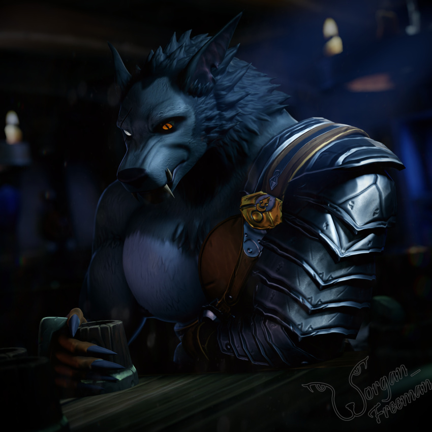 2023 3d_(artwork) 5_fingers absurd_res anthro arm_armor arm_on_table armor backlighting beverage black_nose bleak_ambiance blender_(artwork) blizzard_entertainment blurred_background candle canid cataract claws container cup depth_of_field digital_media_(artwork) elbow_on_table eye_scar facial_scar fangs fingers fur furniture grey_body grey_fur grey_mane half-length_portrait hi_res holding_beverage holding_object kraygor_(worgan_freeman) light light_reflection lighting looking_at_cup looking_down_at_object male mammal mane multicolored_body multicolored_fur muscular muscular_anthro muscular_arms muscular_chest muscular_male orange_eyes pointy_ears portrait scar signature sitting solo table teeth two_tone_body two_tone_fur warcraft watermark werecanid werecreature wood wood_furniture wood_table worgan_freeman worgen