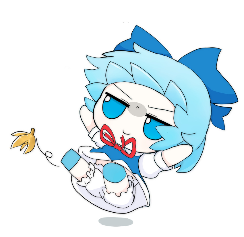 banana_peel bloomers blue_bow blue_dress blue_footwear blue_hair bow cirno closed_mouth commentary_request dress falling female full_body fumo_(doll) hairbow hands_up highres neck_ribbon puffy_short_sleeves puffy_sleeves red_ribbon rei_(tonbo0430) ribbon shirt short_hair short_sleeves simple_background solo touhou v-shaped_eyebrows white_background white_bloomers white_shirt