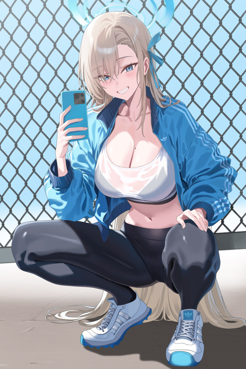 absurdly_long_hair absurdres adidas aqua_jacket aqua_ribbon asuna_(blue_archive) asymmetrical_bangs black_bra black_leggings blonde_hair blue_archive blush bra breasts cellphone chain-link_fence cleavage collarbone cropped_shirt female fence hair_ribbon halo hidis0086 highres holding holding_phone huge_breasts jacket leggings long_hair long_sleeves looking_at_viewer midriff mole mole_on_breast navel open_clothes open_jacket phone ribbon selfie shirt shoes smile sneakers solo squatting stomach straight_hair track_jacket underwear very_long_hair wet wet_clothes wet_shirt white_shirt