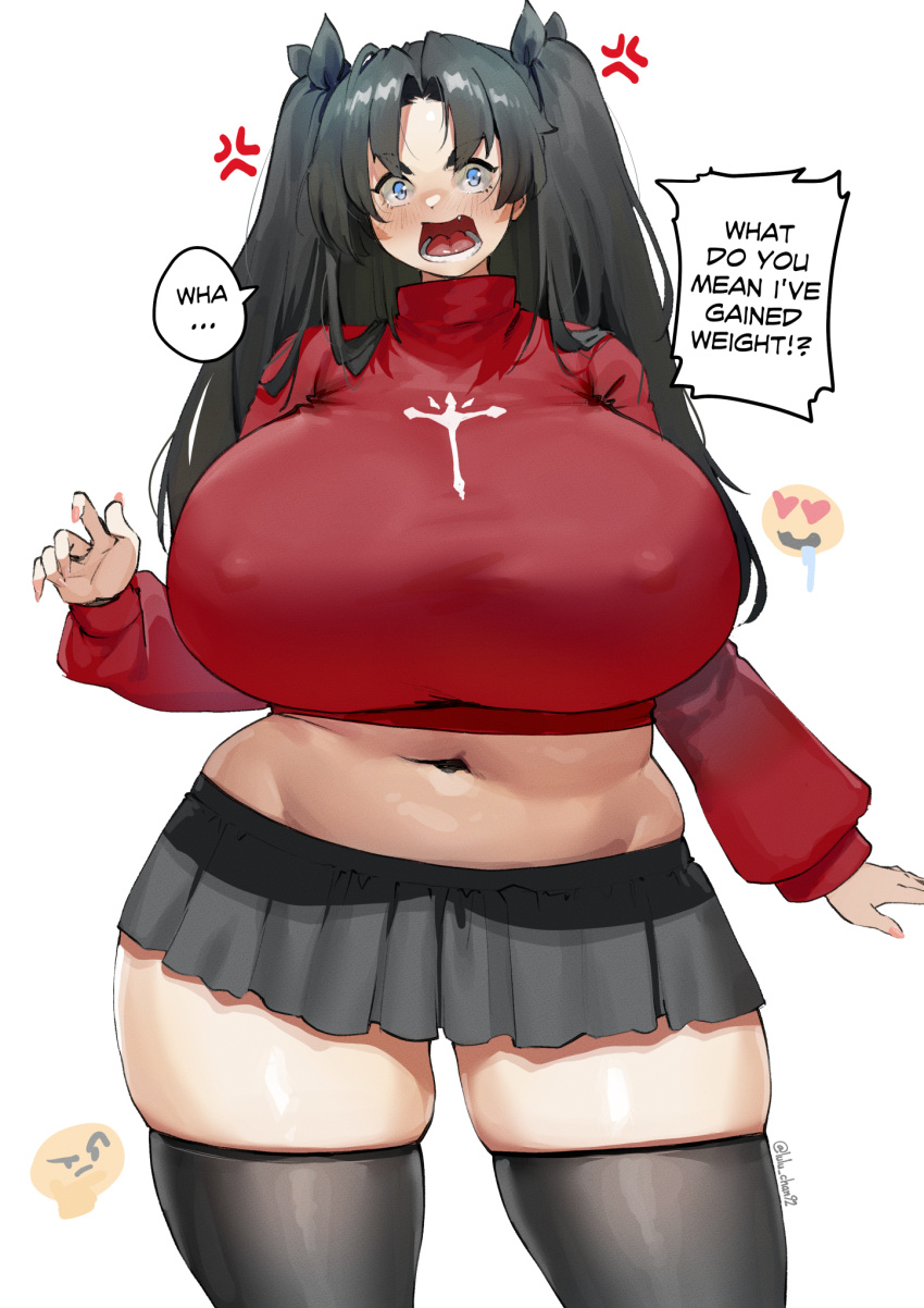 breasts fate_(series) female highres huge_breasts lulu-chan92 open_mouth plump simple_background skirt solo standing stomach thighs tohsaka_rin tongue