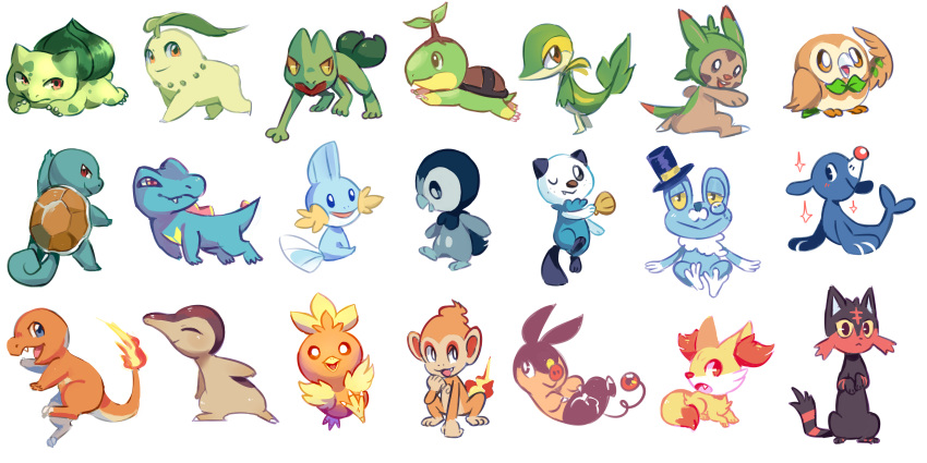 2018 absurd_res ambiguous_gender anterior_nasal_aperture beak biped black_eyes black_nose blue_body blue_eyes blue_hair brown_body brown_eyes brown_fur bulbasaur charmander chespin chikorita chimchar clenched_teeth closed_smile clothing cyndaquil digital_media_(artwork) dipstick_tail feathered_wings feathers feet fennekin feral fingers fire flaming_tail flavia-elric fluffy fluffy_tail froakie fuecoco fur generation_1_pokemon generation_2_pokemon generation_3_pokemon generation_4_pokemon generation_5_pokemon generation_6_pokemon generation_7_pokemon generation_9_pokemon green_body group hair hat headgear headwear hi_res inner_ear_fluff leaf litten lying male markings mouth_closed mudkip nails neck_tuft nintendo on_front on_ground one_eye_closed open_mouth open_smile orange_body oshawott paws pig_nose pink_eyes piplup pokemon pokemon_(species) popplio pose pupils quadruped red_eyes red_tail_tip rowlet sharp_teeth shell simple_background sitting smile snivy sparkles squirtle standing tail tail_markings talons teeth tepig toes tongue top_hat torchic totodile treecko tuft turtwig wearing_hat white_background white_pupils white_sclera wings yellow_body yellow_sclera