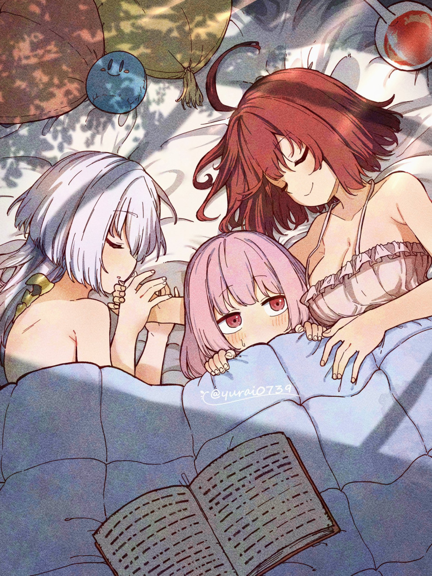 3girls atelier_(series) atelier_sophie bare_shoulders bed_sheet book breasts cleavage corneria_(atelier) flask highres multiple_girls nightgown pillow plachta puni_(atelier) round-bottom_flask sleeping sleepwear sophie_neuenmuller yurai0739