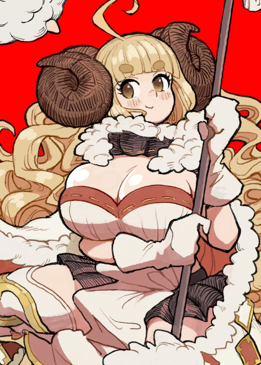 ahoge anila_(granblue_fantasy) blonde_hair blunt_bangs blush breasts brown_eyes cleavage closed_mouth cropped female gloves granblue_fantasy hachinos_ssb highres large_breasts long_hair looking_at_viewer red_background sheep simple_background smile solo thick_eyebrows white_gloves