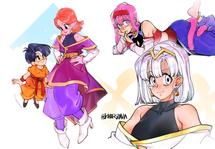 3girls aged_down aged_up alternate_universe bare_shoulders barefoot black_eyes black_hair blunt_bangs blunt_ends boots bra_(dragon_ball) bridal_gauntlets chronoa colored_skin dougi dragon_ball dragon_ball_gt dragon_ball_super dragon_ball_xenoverse dragon_ball_z earrings eating gold_anklet gold_choker gold_hairband hairband hands_on_own_hips high_heel_boots high_heels in-franchise_crossover jewelry khirzava lolicon long_hair monkey_girl monkey_tail multiple_girls orange_dougi pan_(dragon_ball) pants pink_hair pink_skin pointy_ears potara_earrings purple_eyes purple_pants red_bridal_gauntlets red_hairband short_hair smile tail third-party_source twitter_username ultra_instinct usekh_collar white_arm_warmers white_eyes white_footwear white_hair