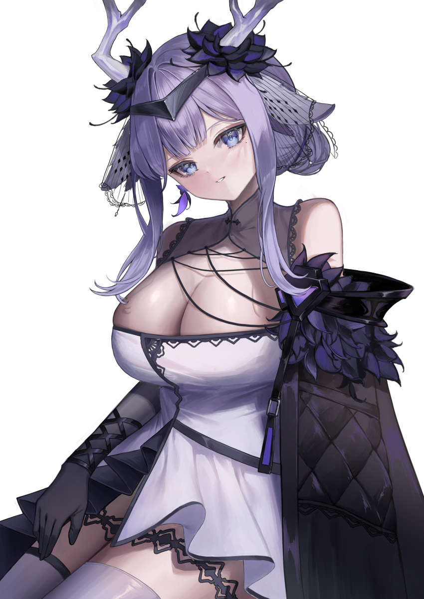 absurdres animal_ears antlers black_flower black_gloves blue_eyes breasts cleavage deer_antlers deer_girl dress echocalypse elbow_gloves eyelashes female flower gloves hair_flower hair_ornament highres horns large_breasts mole mole_under_eye off_shoulder purple_hair solo teacup_(teacup1031) thighhighs white_dress white_thighhighs zawa_(echocalypse)