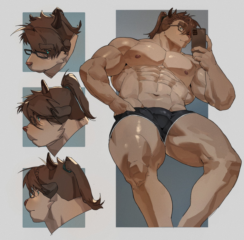 1boy abs animal_ears bara black_male_underwear boxers brown_hair bulge catoblepas_(housamo) chinese_commentary closed_mouth commentary_request cow_boy cow_ears cow_horns furry furry_male gao_(gao_53937056) glasses green_eyes highres holding holding_phone horns male_focus male_underwear muscular muscular_male navel nipples pectorals phone ponytail profile tokyo_afterschool_summoners topless_male underwear