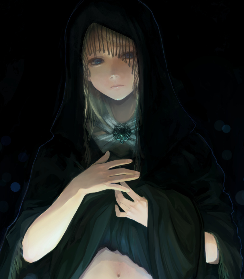 black_robe blonde_hair blue_eyes brooch elden_ring female fia_the_deathbed_companion highres hooded_robe jewelry lifting_own_clothes long_hair navel robe solo takashima upper_body