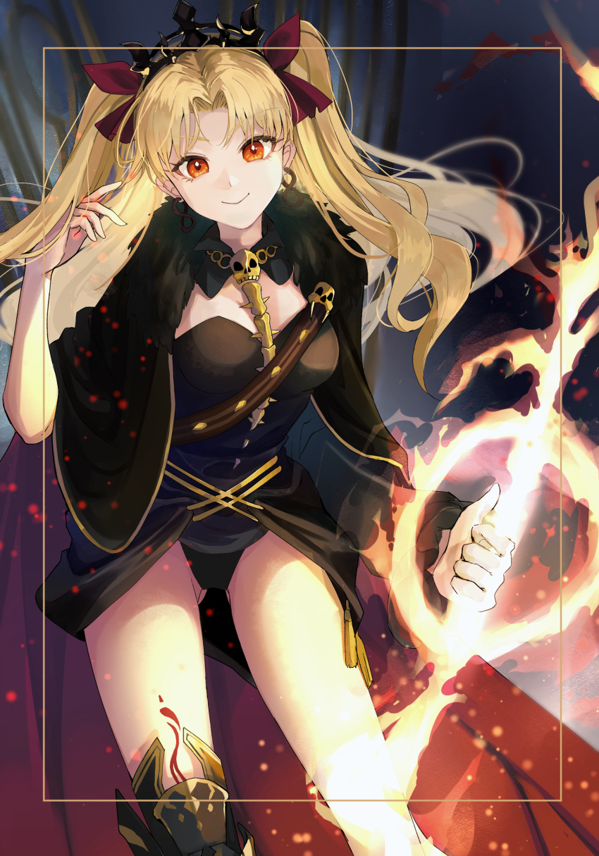 arm_up ass_visible_through_thighs black_dress blonde_hair breasts cloak commentary_request dress earrings ereshkigal_(fate) fate/grand_order fate_(series) feet_out_of_frame female hair_ribbon highres holding holding_weapon jewelry kate_(shootingstar) long_hair long_sleeves looking_at_viewer meslamtaea_(weapon) orange_eyes outside_border parted_bangs red_cloak red_ribbon ribbon single_thighhigh skull_ornament smile solo thighhighs tiara two-sided_cloak two-sided_fabric two_side_up weapon