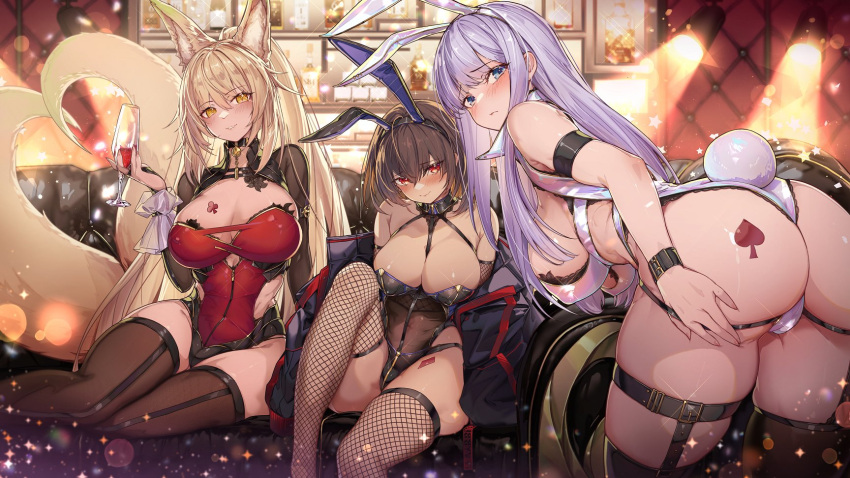 3girls alcohol alexandra_viktorovna_dashkova_(tukikagerou) animal_ear_fluff animal_ears ass ass_tattoo between_breasts black_leotard black_thighhighs blonde_hair blue_eyes blurry blurry_background blush breasts brown_hair chest_tattoo cleavage closed_mouth commission cup drinking_glass fishnet_thighhighs fishnets fox_ears fox_girl fox_tail hair_between_eyes highres holding holding_cup indoors large_breasts leaning_forward leotard long_hair looking_at_viewer looking_back multiple_girls multiple_tails original parted_lips playboy_bunny ponytail purple_hair rabbit_ears rabbit_tail red_eyes red_leotard second-party_source sharifah_ozdil_(tukikagerou) short_hair sidelocks sitting suirin_(tukikagerou) tail tattoo thigh_strap thighhighs thighs ura_illust white_leotard wine wine_glass wrist_cuffs yellow_eyes