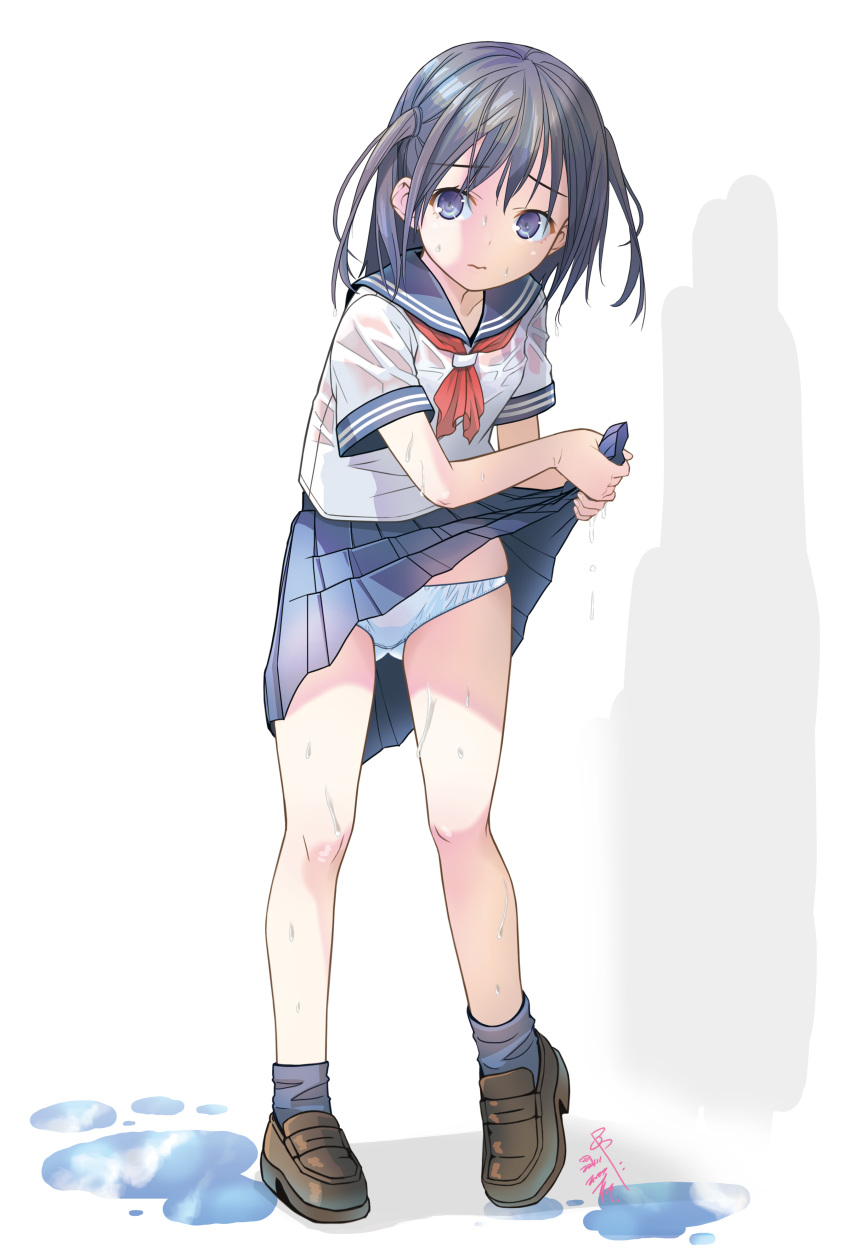 absurdres ass_visible_through_thighs black_hair blue_sailor_collar blue_skirt blue_socks brown_footwear closed_mouth commentary_request embarrassed female flat_chest full_body highres legs long_hair looking_at_viewer messy_hair neckerchief original panties pantyshot pleated_skirt pop_(electromagneticwave) purple_eyes red_neckerchief sailor_collar shirt shoes short_sleeves sidelocks signature skirt socks solo standing thighs twintails underwear wet wet_clothes wet_hair wet_shirt white_background white_panties white_shirt wringing_clothes wringing_skirt