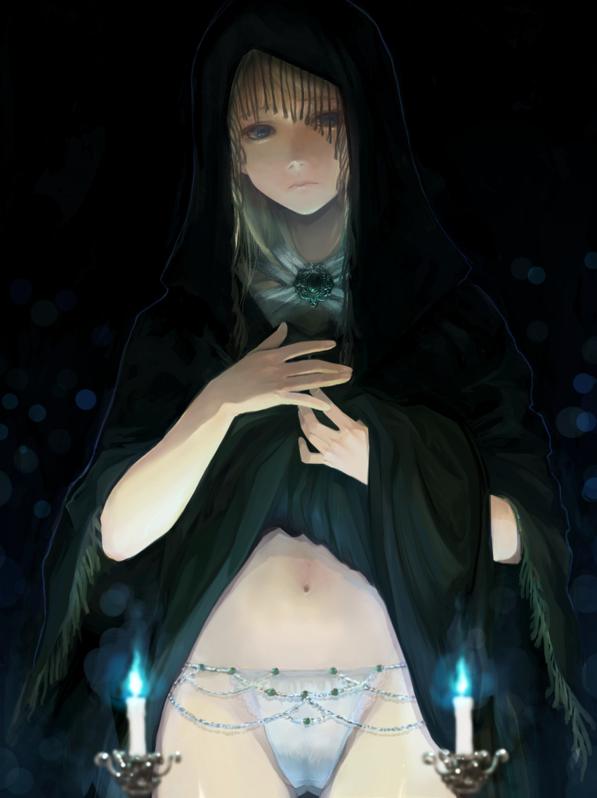 absurdres black_robe blonde_hair blue_eyes brooch candle elden_ring female fia_the_deathbed_companion highres hooded_robe jewelry lifting_own_clothes lingerie long_hair navel panties robe solo takashima underwear white_panties