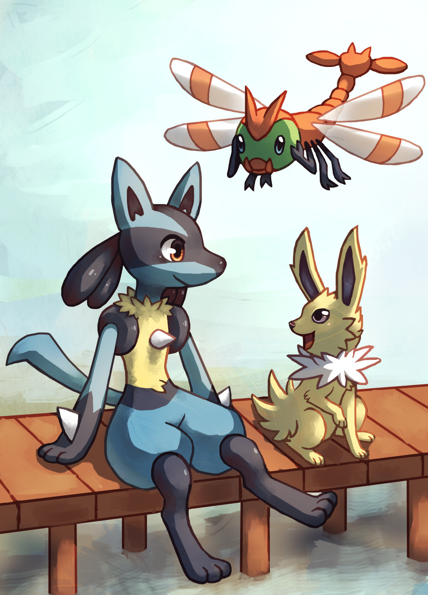 2015 absurd_res ambiguous_gender anthro biped blue_body blue_eyes blue_tail brown_eyes chest_spike closed_smile digital_media_(artwork) eeveelution feral flavia-elric flying fur generation_1_pokemon generation_2_pokemon generation_4_pokemon grey_eyes group hi_res jolteon looking_at_another lucario mouth_closed nintendo open_mouth open_smile outside paws pokemon pokemon_(species) pupils quadruped shadow sitting smile spikes spikes_(anatomy) tail tongue trio water white_sclera wings yanma yellow_body yellow_fur