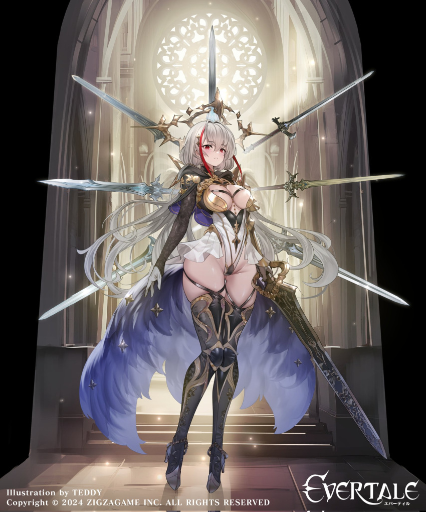 artist_name boots breasts commentary_request company_name copyright_name evertale excalibur_(evertale) female full_body gloves highres leotard logo long_hair long_sleeves medium_breasts multicolored_hair official_art red_hair shiny_skin solo sword teddy_(khanshin) thigh_boots weapon white_hair