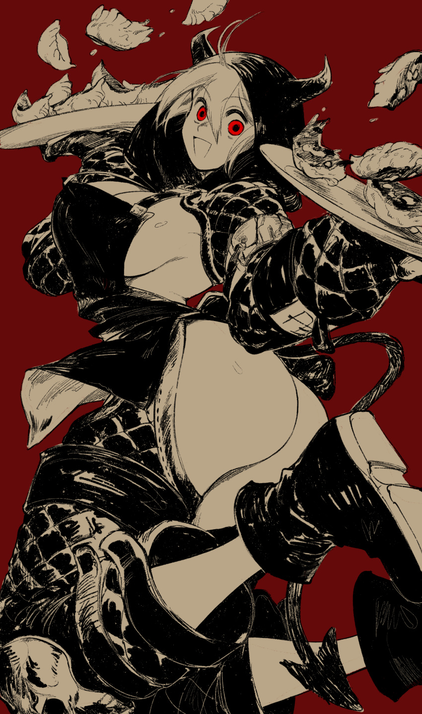 :d absurdres apron ass breasts demon_hood dorohedoro dumpling female food highres holding holding_plate hood limited_palette nikaidou_(dorohedoro) open_mouth piyomotsu plate red_background red_eyes shoes simple_background smile solo