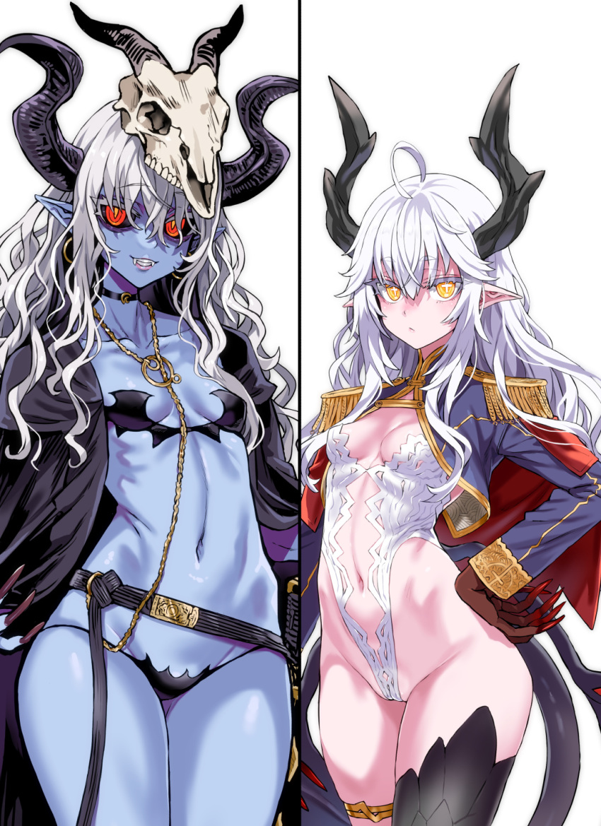 2girls ahoge asanagi asymmetrical_legwear black_sclera blue_skin breasts choker claws colored_sclera colored_skin commentary cowboy_shot demon_girl demon_horns dragon_girl dragon_horns dragon_tail earrings epaulettes eye_(orc_eiyuu_monogatari) fangs hand_on_own_hip highres hoop_earrings horns jewelry long_hair looking_at_viewer multiple_girls navel orc_eiyuu_monogatari pointy_ears popratika red_claws red_eyes simple_background skull_on_head small_breasts tail white_background yellow_eyes