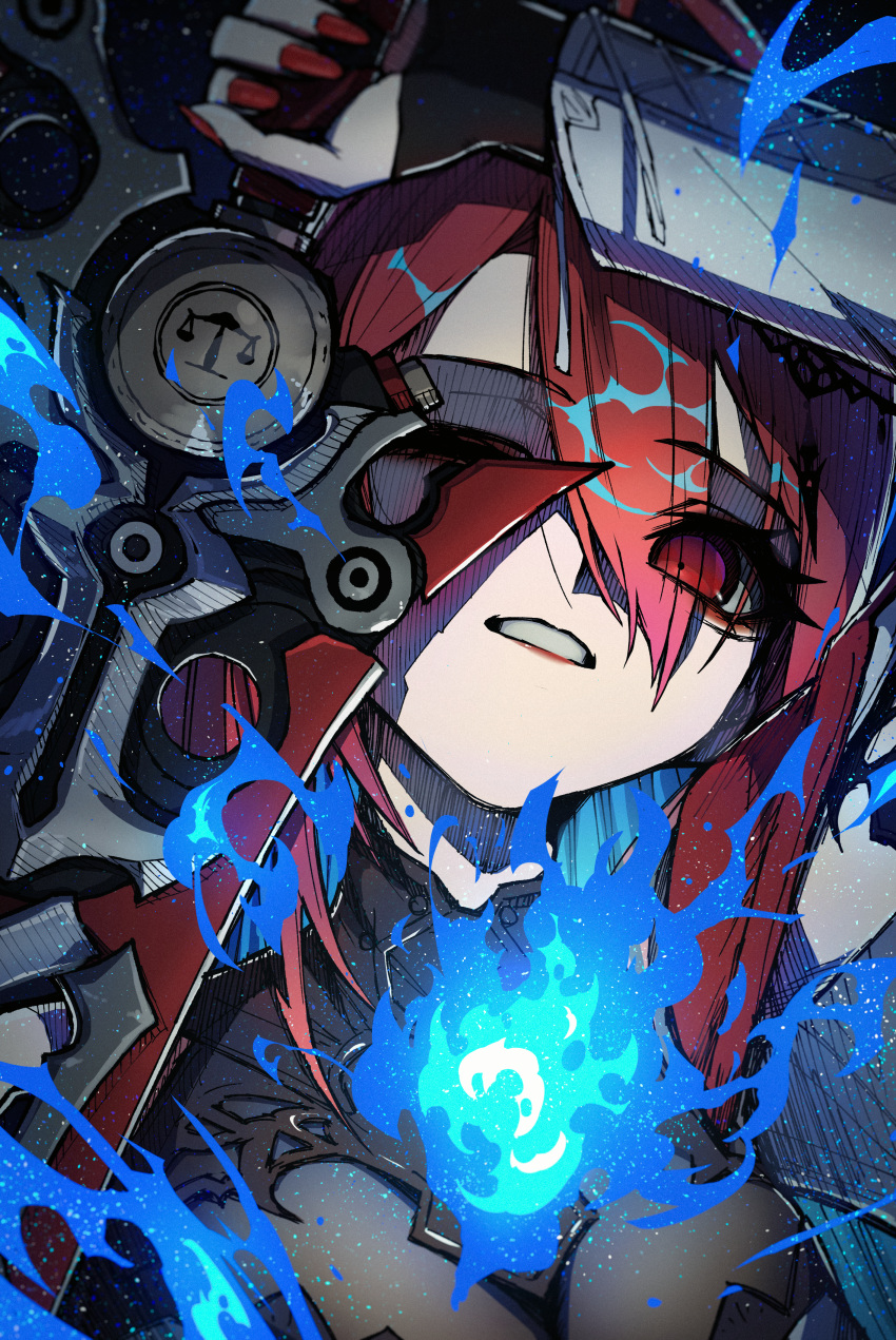 absurdres arm_up blue_fire blue_hair breasts colored_inner_hair commentary elizabeth_rose_bloodflame elizabeth_rose_bloodflame_(1st_costume) female fire greatsword highres holding holding_sword holding_weapon hololive hololive_english jacket large_breasts long_hair long_sleeves looking_at_viewer multicolored_hair one_eye_closed open_mouth red_eyes red_hair red_nails solo sword teeth teru_(asa_hi_t) thorn_(elizabeth_rose_bloodflame) upper_body virtual_youtuber weapon white_jacket