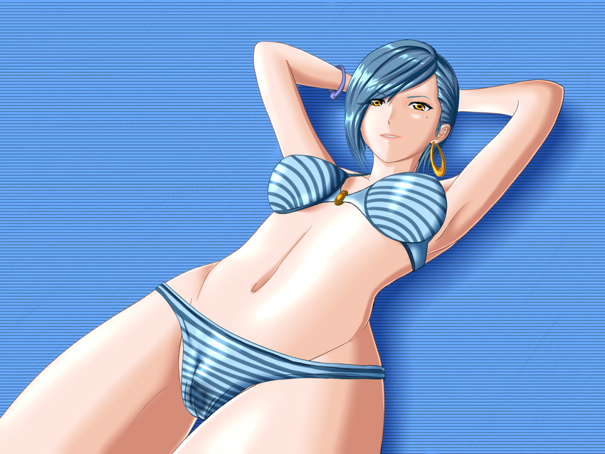 arms_behind_head bangs bikini blue_background blue_bikini blue_hair dragon_beast earrings eyebrows_visible_through_hair eyes_visible_through_hair female hair_over_one_eye hoop_earrings lanque looking_at_viewer mole mole_under_eye nanocore navel short_hair simple_background solo striped striped_background striped_bikini swept_bangs yellow_eyes