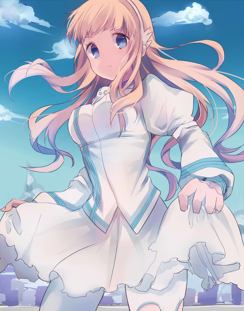 anya_hepburn blonde_hair blue_eyes blue_sky breasts closed_mouth cloud commentary_request cowboy_shot day female hairband highres kusamoto_sora long_hair long_sleeves looking_at_viewer medium_breasts outdoors skirt skirt_hold skirt_set sky solo soul_eater soul_eater_not! white_skirt