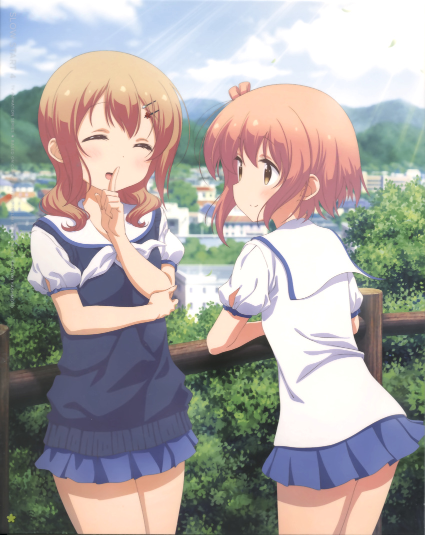 2girls absurdres anno_masato arm_under_breasts bare_legs breast_hold breasts brown_eyes building cityscape closed_eyes day dress fence finger_to_mouth hair_ornament hairclip highres ichinose_hana leaning light_brown_hair mountain multiple_girls official_art outdoors sailor_dress school_uniform short_hair skirt sky slow_start smile standing sunlight sweater tokura_eiko tree wooden_fence