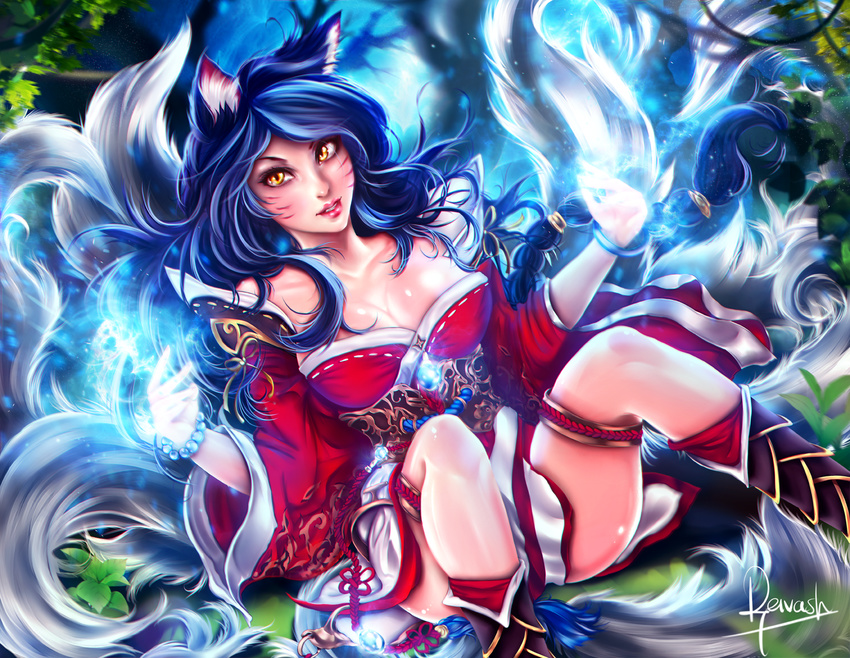 ahri_(league_of_legends) chromatic_aberration commentary_request female highres javier_estrada league_of_legends long_hair shiny_skin solo