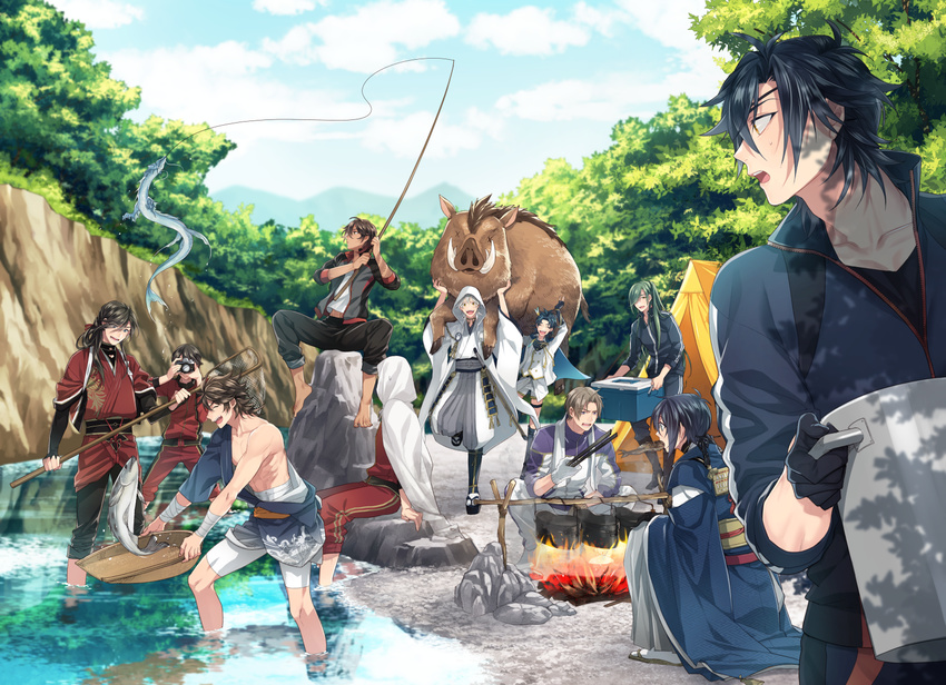 6+boys ^_^ basket black_gloves black_hair blue_eyes blue_hair boar brown_hair camera campfire camping cape closed_eyes commentary_request cooler dragon eastern_dragon fish fishing fishing_rod gloves green_hair heshikiri_hasebe hood horikawa_kunihiro izumi-no-kami_kanesada japanese_clothes ko-man male_focus mikazuki_munechika mouth_hold multiple_boys mutsu-no-kami_yoshiyuki net nikkari_aoe ookurikara open_mouth outdoors purple_eyes river shokudaikiri_mitsutada shorts sitting smile squatting taikogane_sadamune tasuki tent tongs touken_ranbu towel towel_around_neck track_suit tree tsurumaru_kuninaga wading water white_gloves white_hair yamanbagiri_kunihiro yellow_eyes