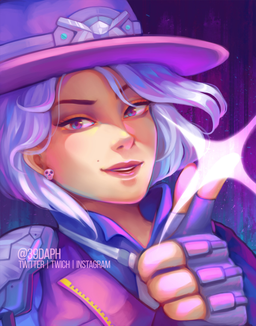 39daph artist_name ashe_(overwatch) commentary cowboy_hat earrings english_commentary esports_cosmetic female fingerless_gloves gloves hangzhou_spark hat highres instagram_username jewelry looking_at_viewer mole necktie open_mouth overwatch overwatch_1 overwatch_league pink_eyes solo spark_ashe sparkle teeth twitch_username twitter_username white_hair