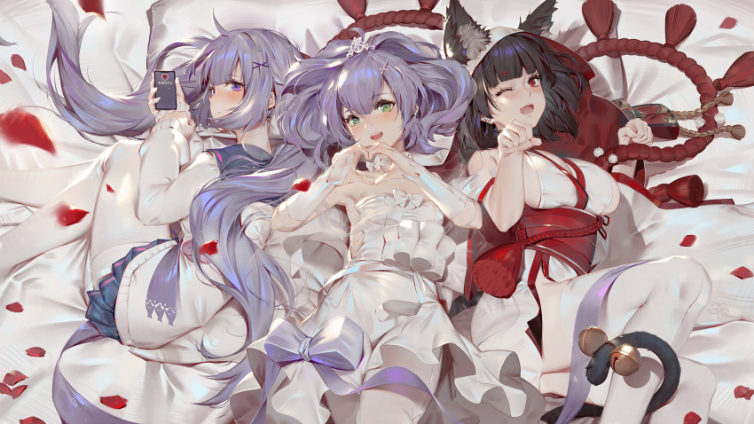 animal_ears azur_lane dress javelin_(azur_lane) seifuku tail thighhighs toriumi_harumi unicorn_(azur_lane) yamashiro_(azur_lane)