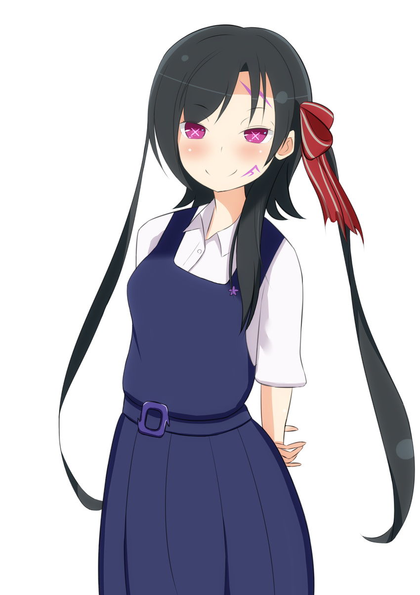 +_+ absurdres alternate_costume arm_behind_back black_hair blue_skirt bow chloe_(sennen_sensou_aigis) commentary_request dress female hairbow highres long_hair looking_at_viewer pinafore_dress purple_eyes red_bow scar scar_on_face school_uniform sennen_sensou_aigis skirt sleeveless sleeveless_dress smile solo standing twintails umitsubamen very_long_hair