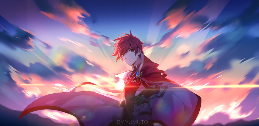 1boy absurdres arm_guards cloak cloud commentary elsword elsword_(character) gem highres knight_emperor_(elsword) red_eyes red_hair sky sunlight yumuto_(spring1786)