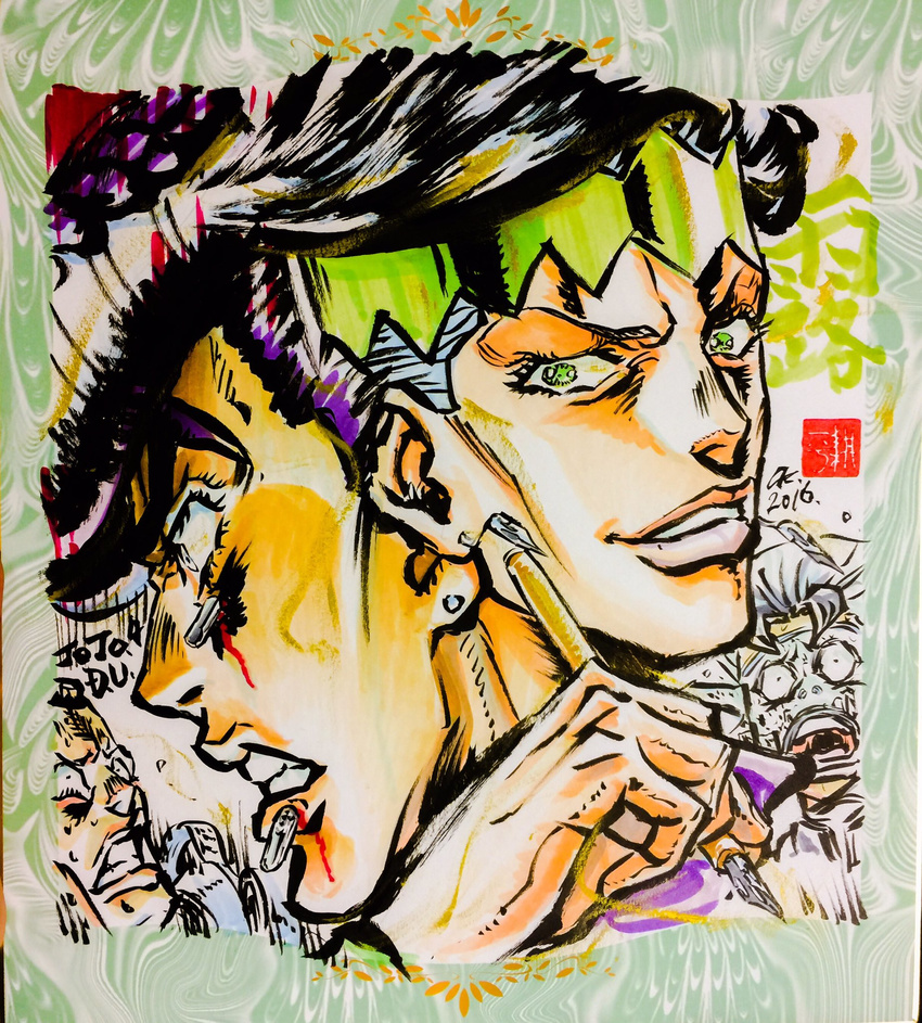 4boys ashiya_kouhei black_hair blood clenched_teeth commentary_request diamond_wa_kudakenai earrings evil_smile green_eyes headband higashikata_josuke highres hirose_koichi jewelry jojo_no_kimyou_na_bouken kishibe_rohan lips male_focus marker_(medium) multiple_boys nijimura_okuyasu open_mouth pen pompadour purple_hair scared shikishi signature smile stud_earrings teeth traditional_media white_hair